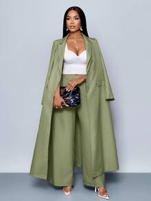 SOLERSUN Winter Clothes For Women Ankle Length Longline Double Breasted Blazer With Trousers Suit - Green - View 3