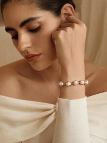 Opalesca Women Beaded Bracelets,For Mom/Women/Girl/Mother,Fall/Autumn/Winter,Outfits,Old Money,Premium,Pearl,Elegant,Fairycore/Fairy - Gold - View 3