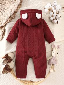 SHEIN Playful Pals Babyboy 休闲连帽羊毛连体裤，海军蓝，适合秋冬季外出、休闲装、周末野餐和舒适派对 - 酒紅色 - 查看 2
