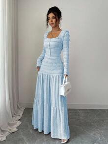 Selianne 女式粉色纹理面料休闲度假风格长袖方领纽扣上衣和超长 A 字裙两件套，秋季 - 藍色 - 查看 4