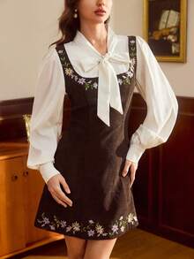 Vintamour Sukienka damska w stylu vintage, klasyczna, elegancka, dopasowana, rozkloszowana, haftowana, 2 w 1, sukienka z długim rękawem, patchworkowa sukienka w kolorze morelowo-kawowym, jesień/zima - Kawowy brązowy - Zobacz 6