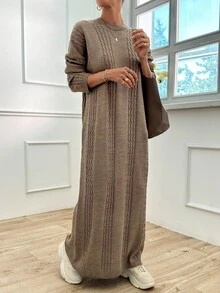 EURMUSE Cable Pattern Sweater Dress - Mocha Brown - View 9