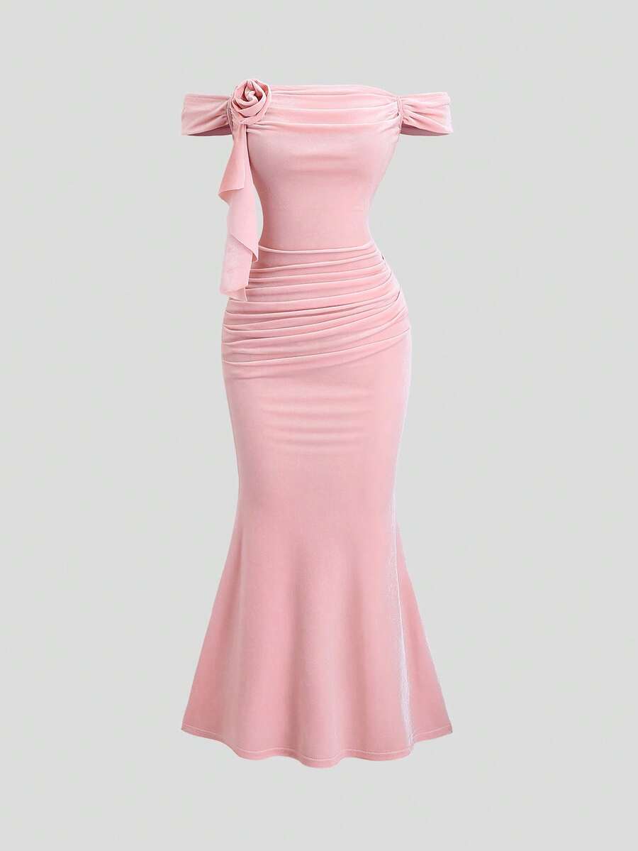 Sweetra Váy bó sát vai xếp nếp nhung màu hồng cánh sen mới dành cho nữ, gợi cảm và thời trang cho tiệc tùng, sinh nhật, những dịp trang trọng - Hồng - Xem 1