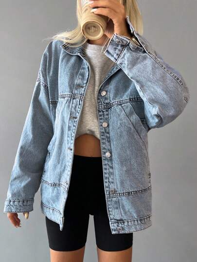 EURMUSE Petite 100%Cotton Drop Shoulder Button Front Denim Coat Jean Shirt Jean Tops Oversized Jean Jacket Jean Jacket 90s Outfit Women Vintage Streetwear Blue Wash Denim Jacket Blue Jean Jacket Women Shackets For Women Denim Outfit Women Boho Denim Jacket Women