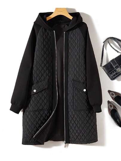 SHEIN Clasi Plus Size Fashionable Patchwork Long Sleeve Hooded Jacket, Versatile For Winter