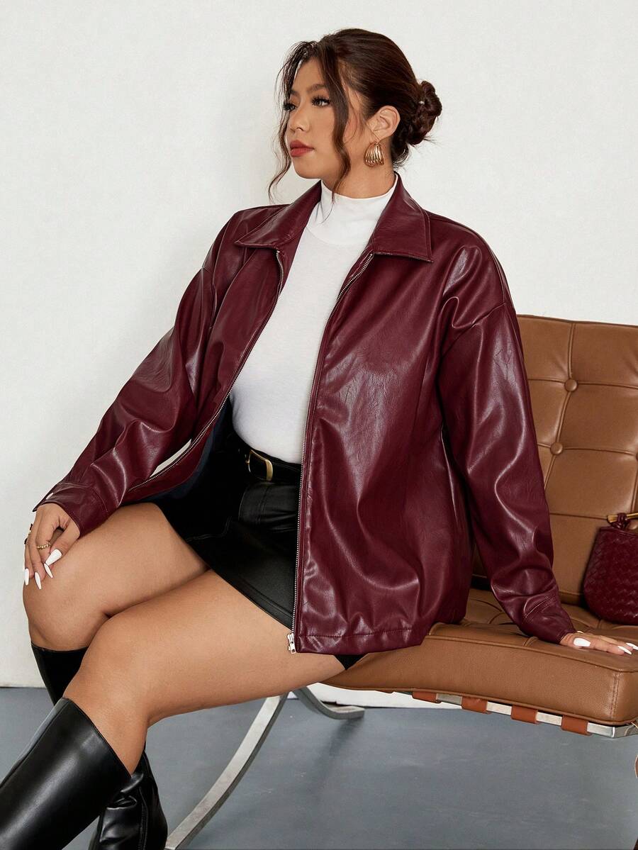 Firerie Plus Size Solid Color Zip-Up Casual Versatile Long Sleeve Jacket Autumn Winter Clothes For Women Red - Burgundy - View 1