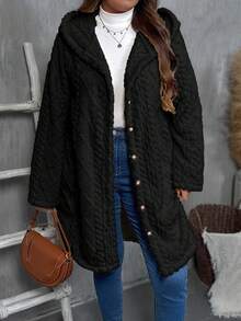 SHEIN Tall CURVE Plus Size Women Casual Solid Color Hooded Jacket, Winter - Black - View 4