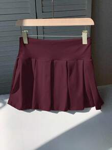 Comfortcana 女式纯色针织可爱运动百褶迷你裙 - 酒紅色 - 查看 2