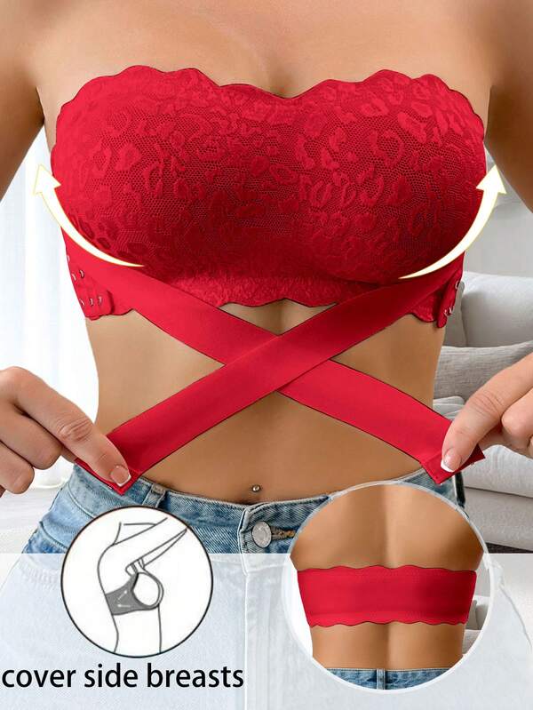 Snug Zone 1 pieza Camiseta sin tirantes inalámbrica con patchwork de encaje navideño para mujer