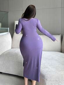 Flirla Vibekara-D Plus Size Women's Elegant Vintage Plunging Neck Fitted Long Sleeve Purple Autumn Birthday Dress, Belted Waist Cocktail Party Dress - Purple - View 2