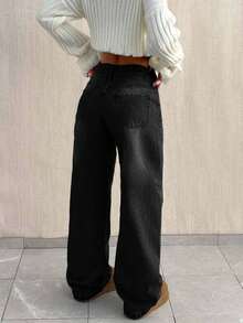 EURMUSE Quần jean ống đứng lưng thấp đơn giản, rộng rãi - màu đen - Xem 2