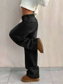 EURMUSE Quần jean ống đứng lưng thấp đơn giản, rộng rãi - màu đen - Xem 6