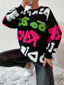 EURMUSE Letter Pattern Drop Shoulder Sweater - Black and White - View 6