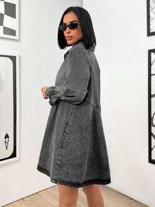 EURMUSE Women's Casual Washed Button-Front Long Sleeve Denim Dress, Autumn - Light Grey - View 2