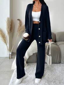 EURMUSE 2pcs Women's Solid-Color Dropped Shoulder Loose Cardigan And Knitted Pants Set, Autumn-Winter - Navy Blue - View 6