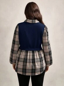 Zelara LUNE 加大码立领格子长灯笼袖针织撞色拼接休闲宽松衬衫办公室女装两件套纽扣装饰 - 藏蓝色 - 查看 2