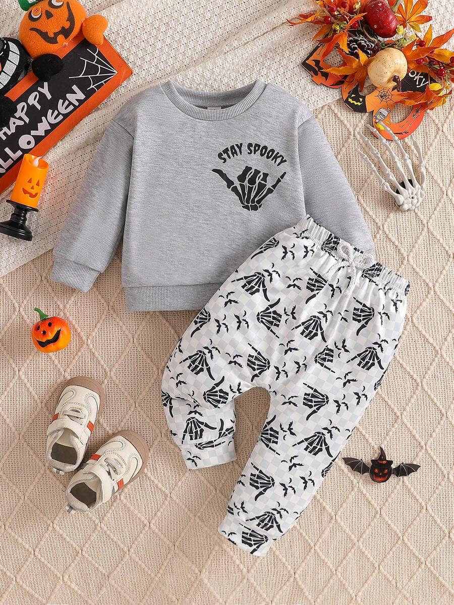 SHEIN Boys' Casual Long Sleeve Sweatshirt And Graphic Print Pants Set, Autumn