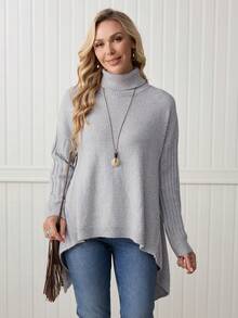 LanaWest 女士休闲日常通勤简约纯色高领落肩宽松不对称下摆套头毛衣，秋冬 - 淺灰色 - 查看 4