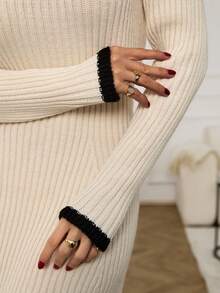 EURMUSE 女士长款荷叶边 A 字形毛衣裙，撞色滚边 - 奶油色 - 查看 6
