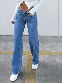 SHEIN Tall Jeans rectos de 100% algodón para mujer, talla alta - Azul - Ver 3