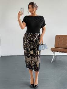 Firerie Plus Size Spring, Autumn & Winter Comfortable Casual Elegant Vacation Ruched One Shoulder Asymmetric-Shoulder Oblique Shoulder Lace Patchwork Professional Asymmetricice Commute Short Sleeve Midi Dress For Women