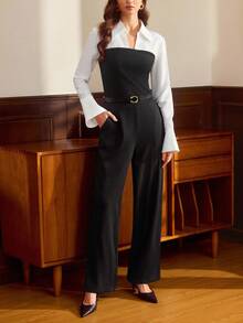 Vintamour 2pcs Vintage Elegant Women's Set,Fitted Contrast Material Patchwork Top And Pants,Long Sleeve Black And White Two Pieces Set,Autumn Office New Year - Black - View 6