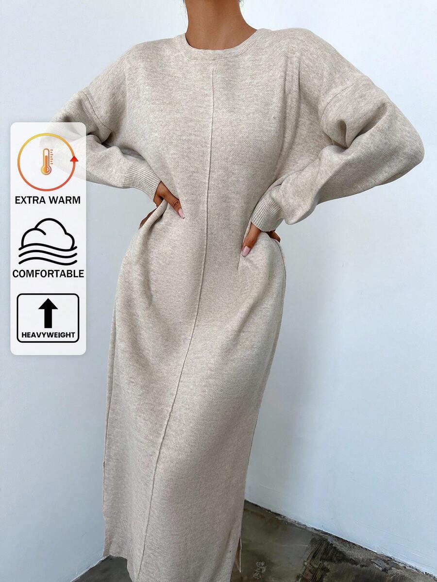 EURMUSE Solid Drop Shoulder Sweater Dress - Beige - View 1