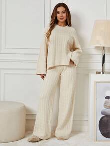 EURMUSE Women's Cable Knit Drop Shoulder Sweater And Pants Two Piece Set - Beige - View 6