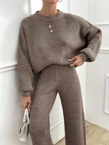 EURMUSE Casual Basic Oversize Balloon Sleeve Sweater & Wide Leg Plain Sweater Pants 2 Piece Set - Beige - View 2