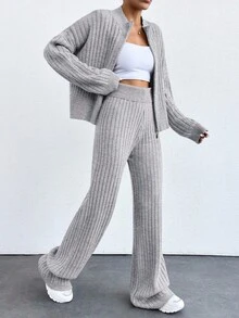 EURMUSE Cardigan com zíper e ombros caídos e calças de malha - Cinza claro - Ver 5