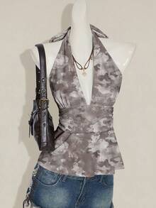 SHEIN ICON Halter Deep V-Neck Cinched Waist A-Line Backless Vintage Camo Tie-Dye Print Chic Y2K Camisole