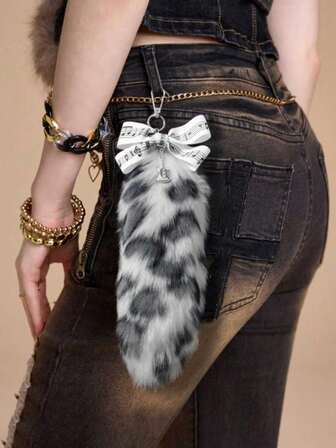 Grunge Punk 1 pezzo Portachiavi e ciondolo per borsa con stampa leopardata in pelliccia marrone finta, stile retrò chic di alta gamma in stile Y2K, adatto per uso quotidiano di donne/ragazze, regalo per le vacanze