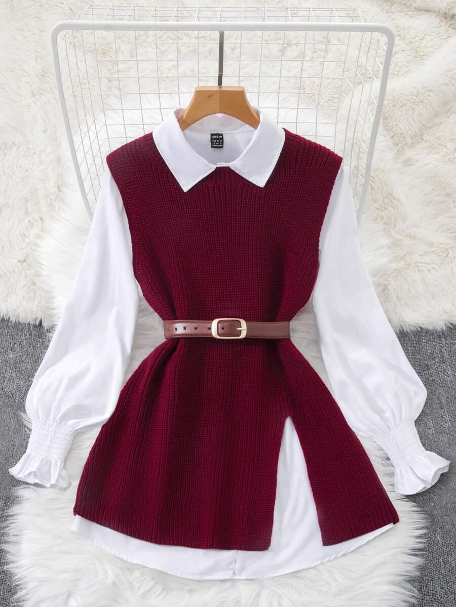 Airaco 2pcs Set Women Spring Lantern Sleeve White Blouse & Loose Drape Open Front Sweater Vest, Layering Outfit Fall Winter Cloth For Women - Burgundy - View 1