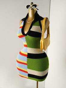 Mistrie Váy dệt kim ngắn không tay cổ bẻ nhiều màu sắc cho nữ - màu đen - Xem 5