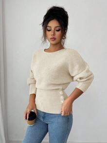 Selianne Women's New Autumn/Winter Single-Piece Design Batwing Sleeve High-End Buttoned Minimalist Everyday Knit Long Sleeve Top