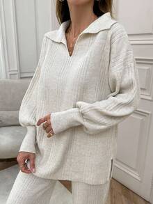 EURMUSE Rib Pattern Polo Neck Sweater And Pant 2pcs Set - Apricot - View 3