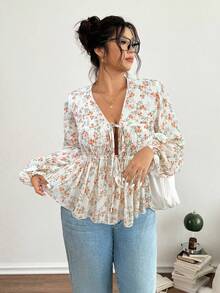 Lounesse 大码女式 V 领带设计碎花长袖衬衫，百搭日常穿着，蓝色碎花 - 彩色 - 查看 3