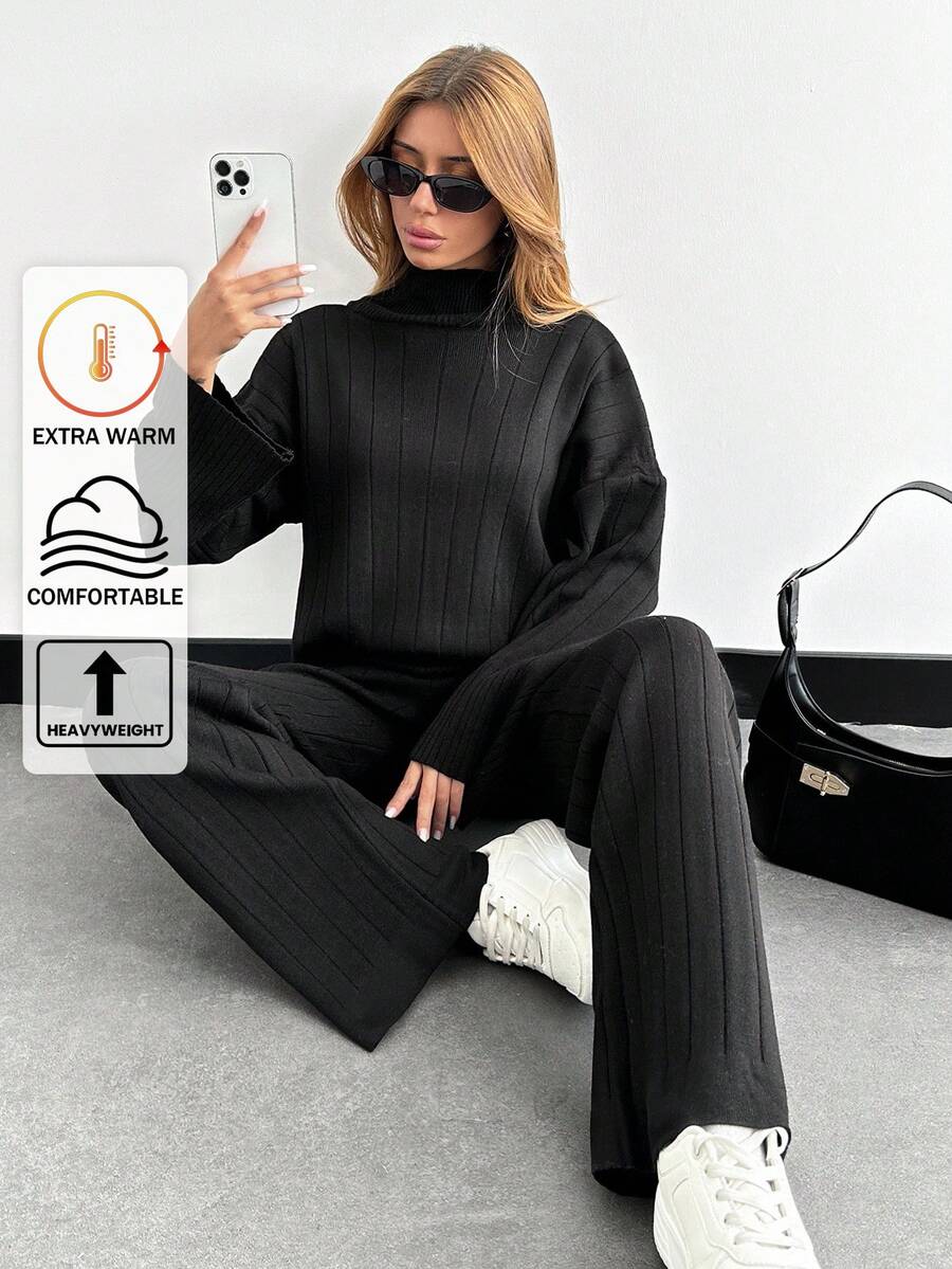 EURMUSE Solid Color Long-Sleeved Sweater And Knitted Trousers Two-Piece Set - Black - View 1
