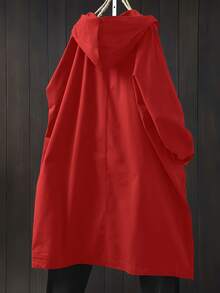 SHEIN LUNE Plus Size Casual Hooded Long Jacket With Large Pockets - Red - View 2