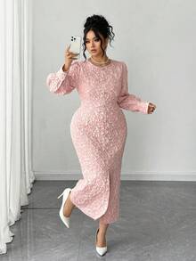 Elenzga Plus Size Women Elegant Jacquard Textured Round Neck Puff Sleeve Button Decor Fitted Front Slit Dress - Pink - View 3