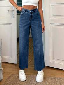 EURMUSE 100 Cotton Mid Waist Frayed Hem Wide Leg Jean Holiday Navy Blue Autumn Streetwear - Medium Wash - View 7