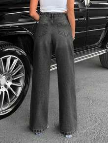 SHEIN Cottnline Women Petite High Waist Pearl Detail Casual Straight Denim Jeans - Light Grey - View 2