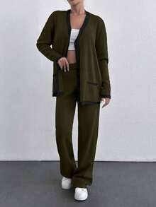 EURMUSE Women 2pcs Set Contrast Color Long Sleeve Button Cardigan And Long Knitted Pants, Casual,Petite,Winter Clothes - Army Green - View 3