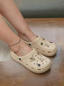 Chanclas para Mujer Estilo Casual con Encanto Metálico, Punta Redonda, Suela Gruesa, Verano, Para Playa y Diario - Beis - Ver 2