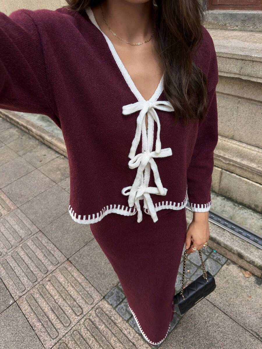 SHEIN Unity 2pcs Ombre Bowknot Strap Casual Basic Knit Set, Autumn/Winter - Burgundy - View 1