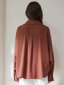 Aveloria Modichic Áo sơ mi dài tay thời trang đơn sắc xếp ly thường ngày đa năng dành cho nữ - màu nâu - Xem 2