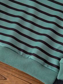 Young Boy Casual Striped Round Neck Drop Shoulder Sweatshirt, Autumn - Mint Green - View 3