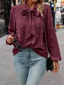 EMERY ROSE Women's Solid Color Lantern Sleeve Tie Neck Faux Pearl Decor Elegant Blouse, Christmas