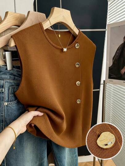 Franclia 女士简约时尚针织圆领无袖侧开金属纽扣开衫背心