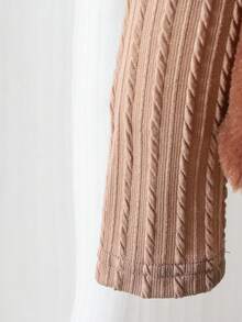 3pcs Girls Outfit: Apricot Ribbed Turtleneck Long Sleeve Top, Black Pleated Skirt, Apricot Fuzzy Vest - Apricot - View 5
